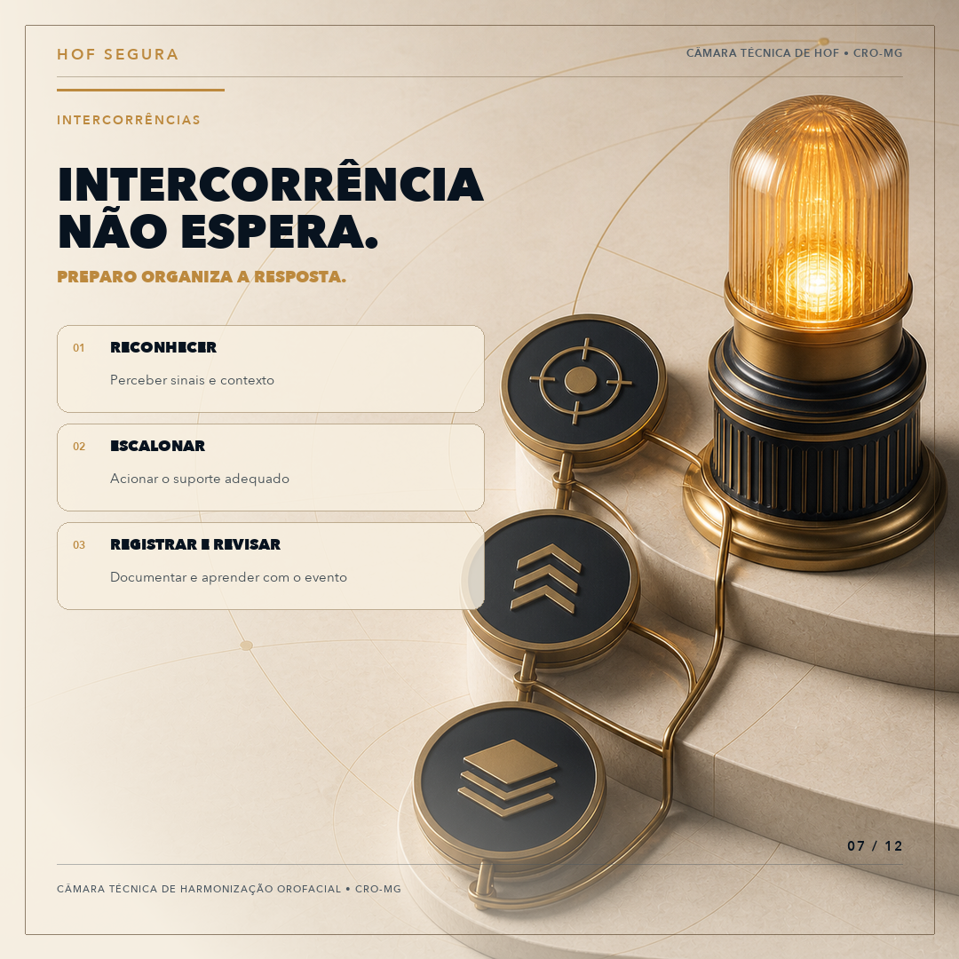 Peça institucional da série HOF Segura sobre intercorrências: sinalizador dourado e etapas de resposta