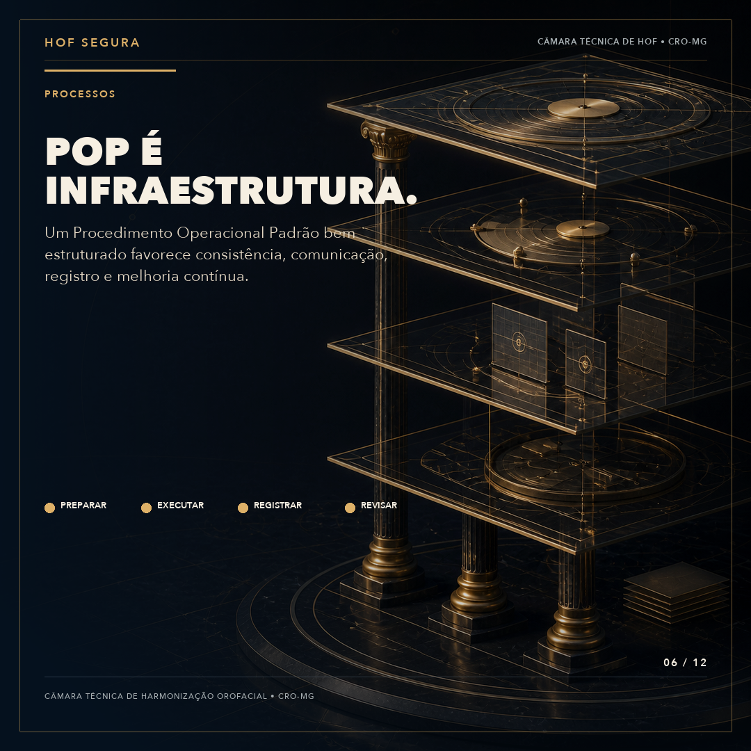 Peça institucional da série HOF Segura sobre POPs e infraestrutura: sinalização em disco metálico dourado sobre fundo claro