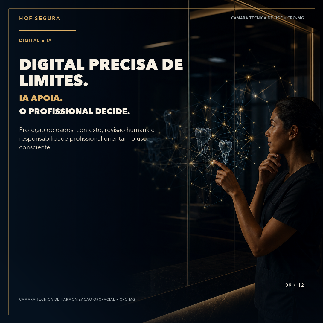 Peça institucional da série HOF Segura sobre digital e IA: profissional diante de painel com malha luminosa