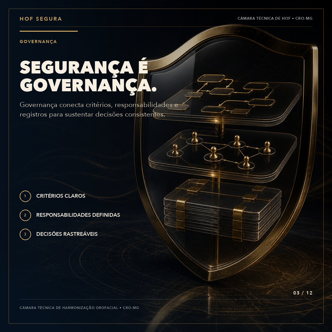 Peça institucional da série HOF Segura sobre governança: escudo dourado com camadas de critérios, responsabilidades e registros